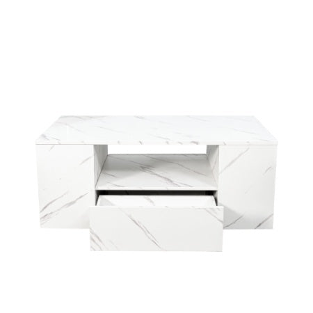 Modern Coffee Tables For Living Room, LED Coffee Table, Storage Coffee Table, Small Coffee Table, Wood Center Table With 2 Drawers And Open Side Shelf